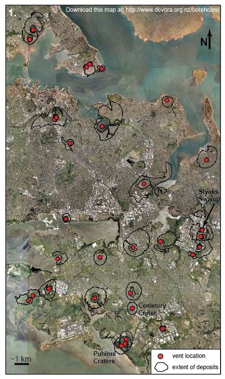 map of Auckland volcanoes vent locations and deposit extents of interest