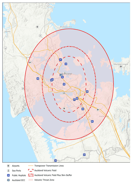 Map showing the Auckland Volcanic Field, its 5 km buffer and wider volcanic threat zone, with airports, sea ports, public hospitals and power transmission lines.