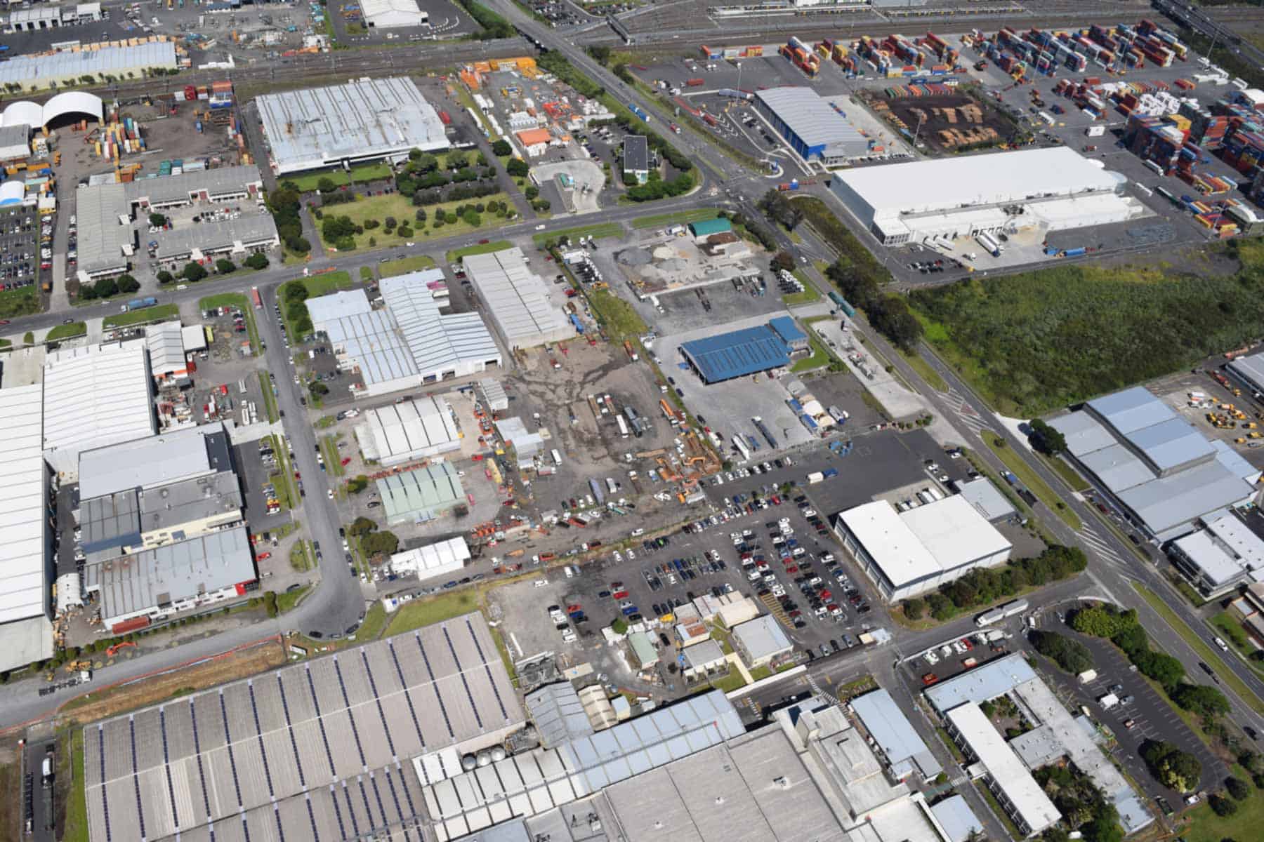 Aerial view of the former Ash Hill Crater site in Wiri, now occupied by industrial buildings, yards and roads.