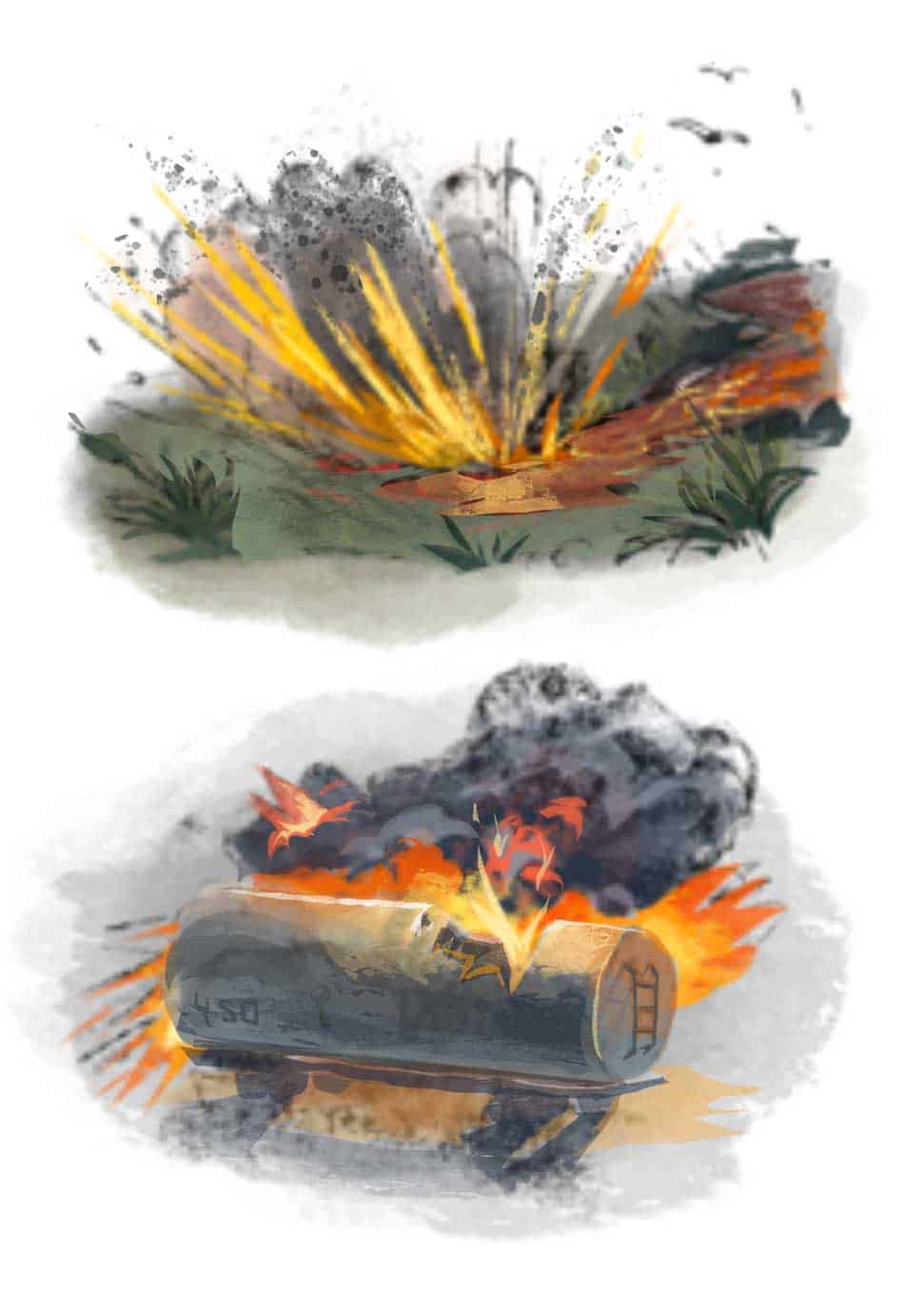 Illustration of explosions and fire affecting vegetation and a fuel tanker.