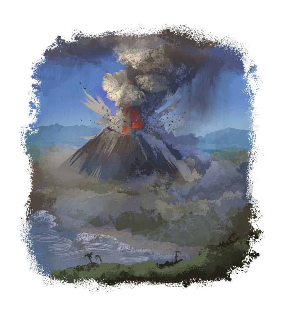 Illustration of a dry explosive volcanic eruption, with lava fountains and an ash plume above a volcanic cone.