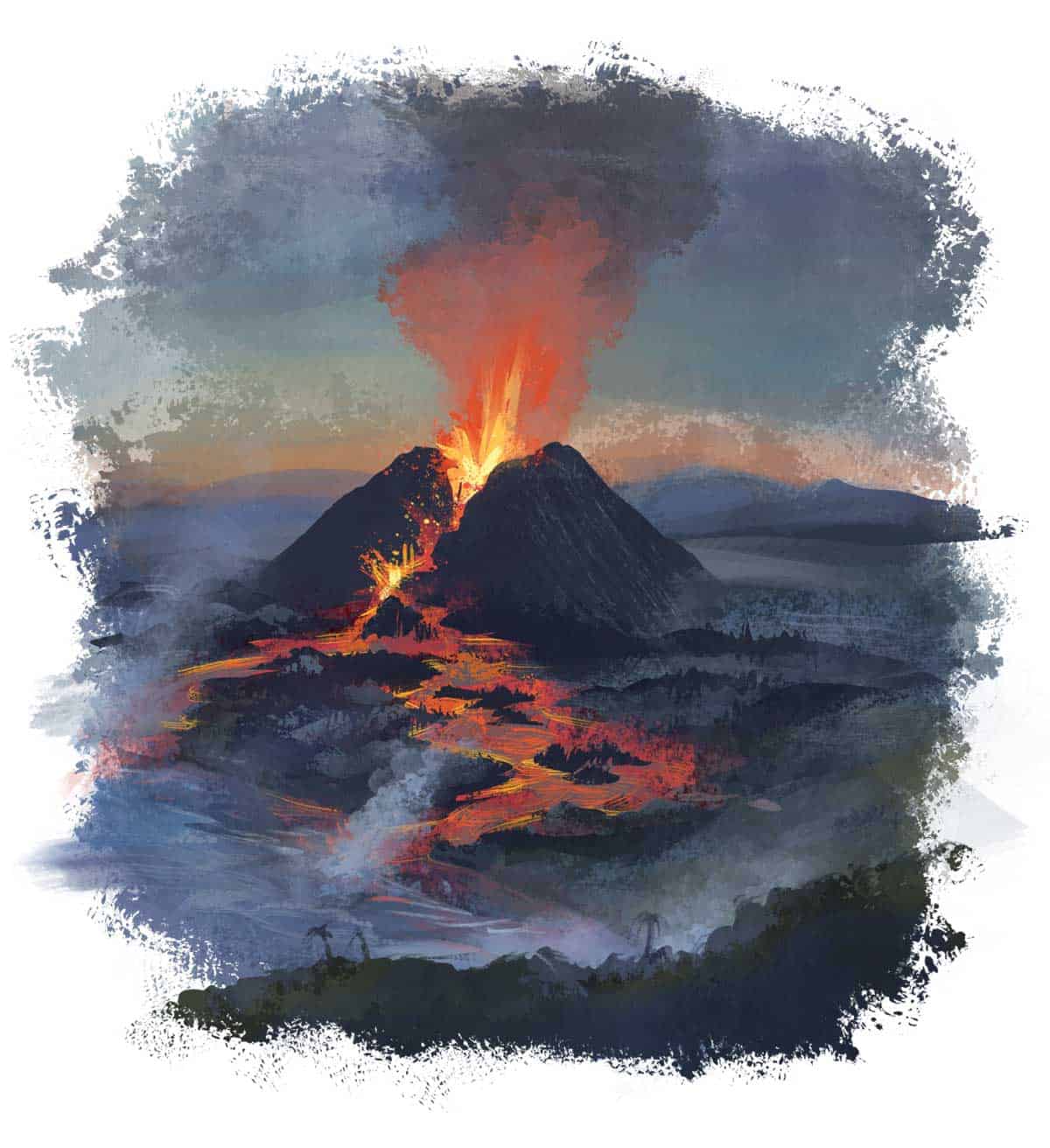 Illustration of a dry effusive volcanic eruption, with lava flowing from a volcanic cone across the surrounding landscape.