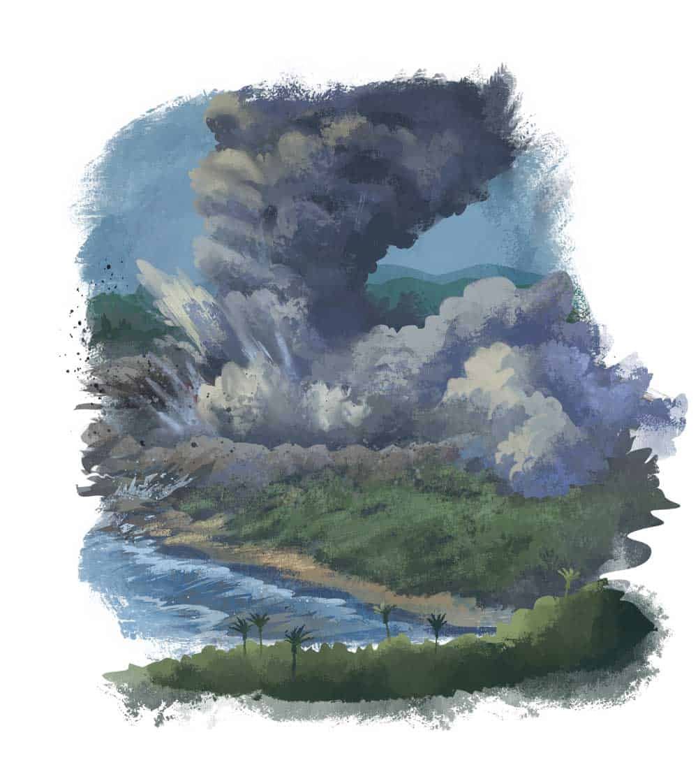 Illustration of a wet explosive volcanic eruption, with a large ash plume and surges spreading from the vent near water.
