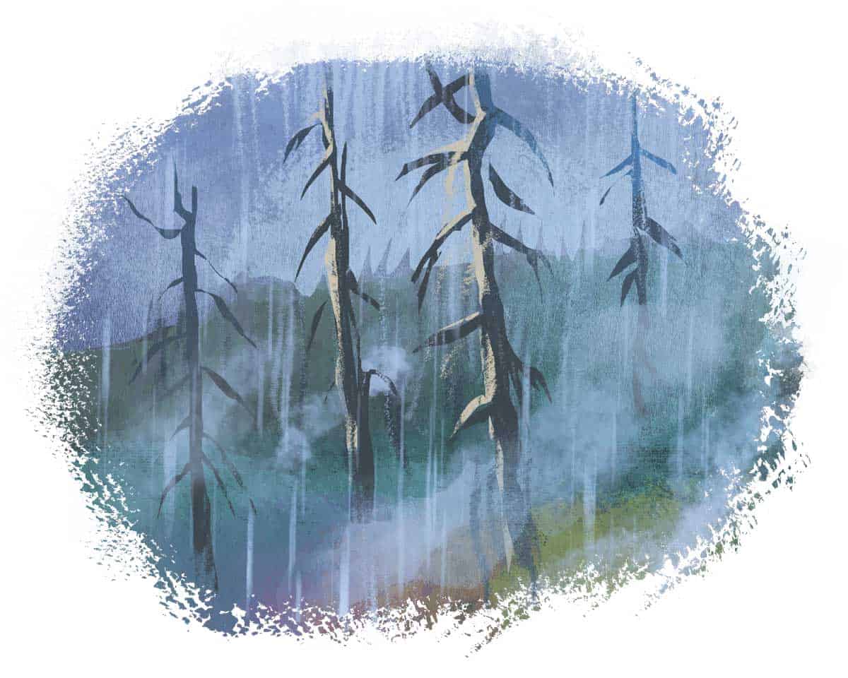 Illustration of acid rain falling on damaged, bare trees.