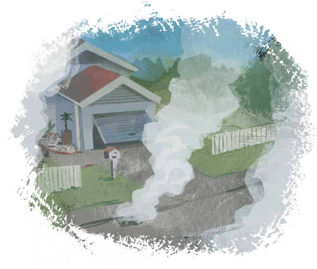 Illustration of gas plumes rising from the ground around a house and across a residential street.