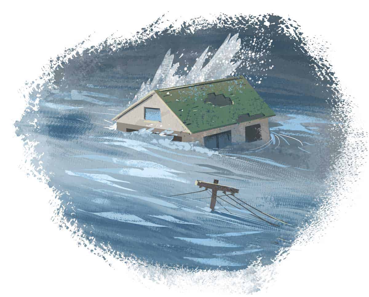 Illustration of tsunami waves flooding a coastal house and electricity lines.