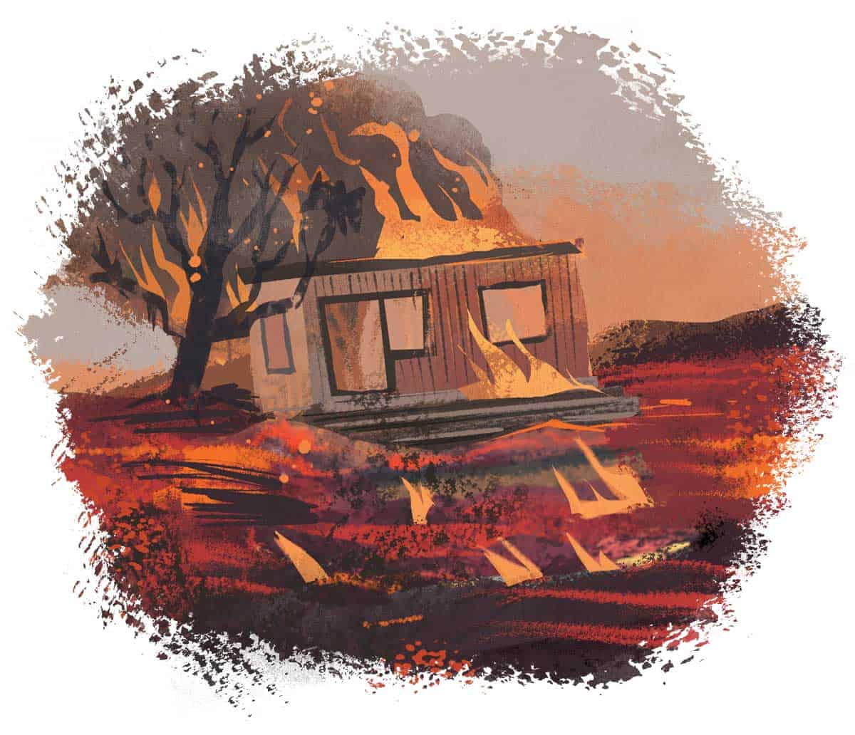 Illustration of lava surrounding a house, with flames burning the building and nearby trees.
