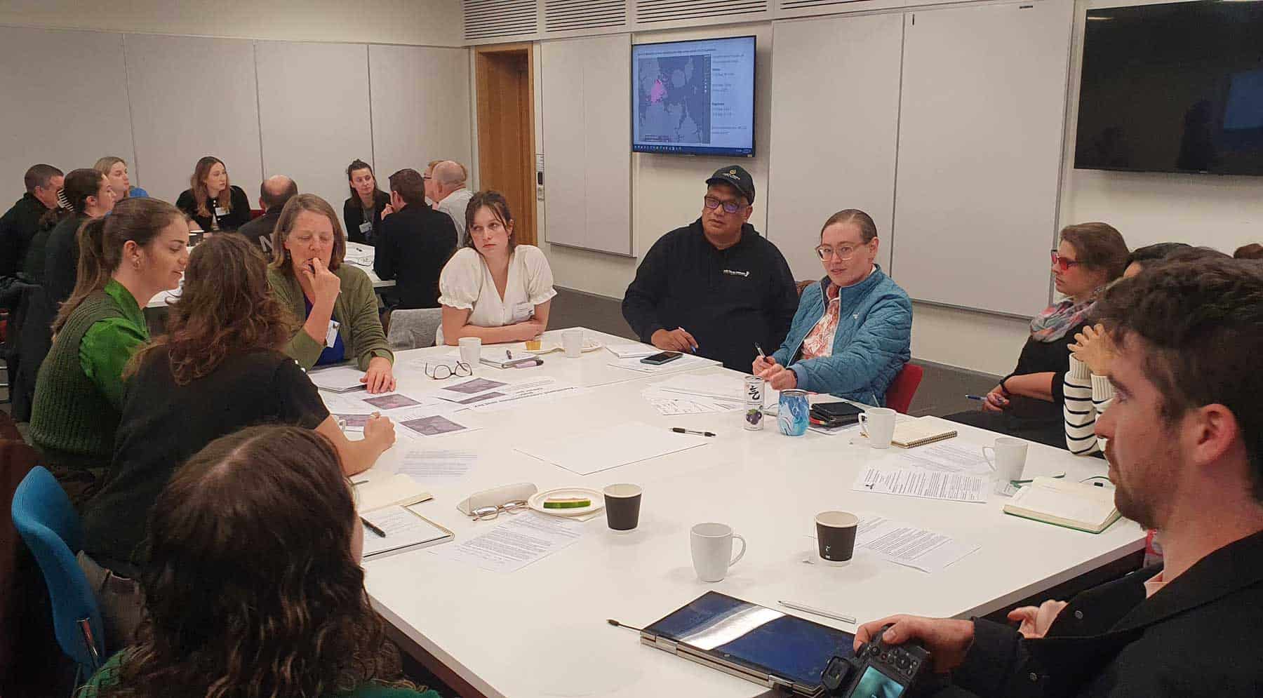 Lifelines organisations workshop participants discussing documents around a table.