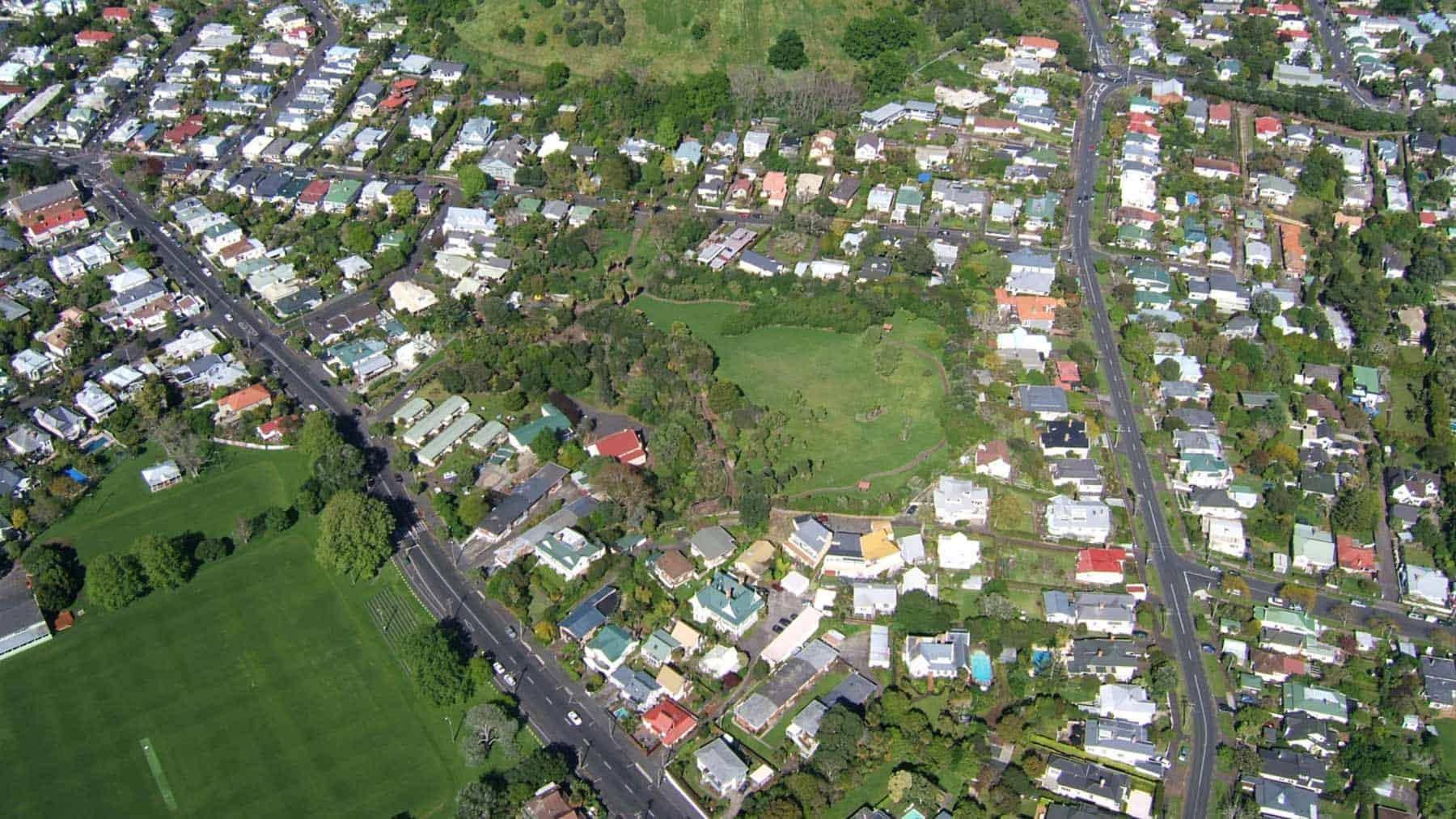 Aerial view of Takararo / Mount Cambria Reserve and the surrounding neighbourhood