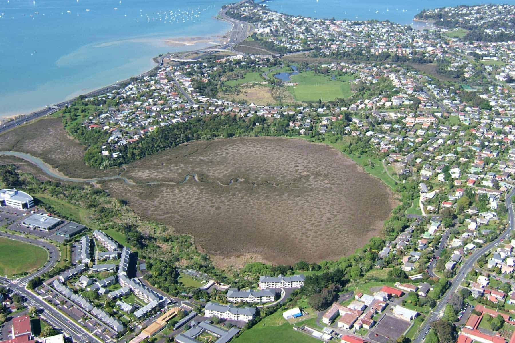 Aerial view of Te Kopua o Matakamokamo / Tank Farm tidal lagoon and the surrounding neighbourhood