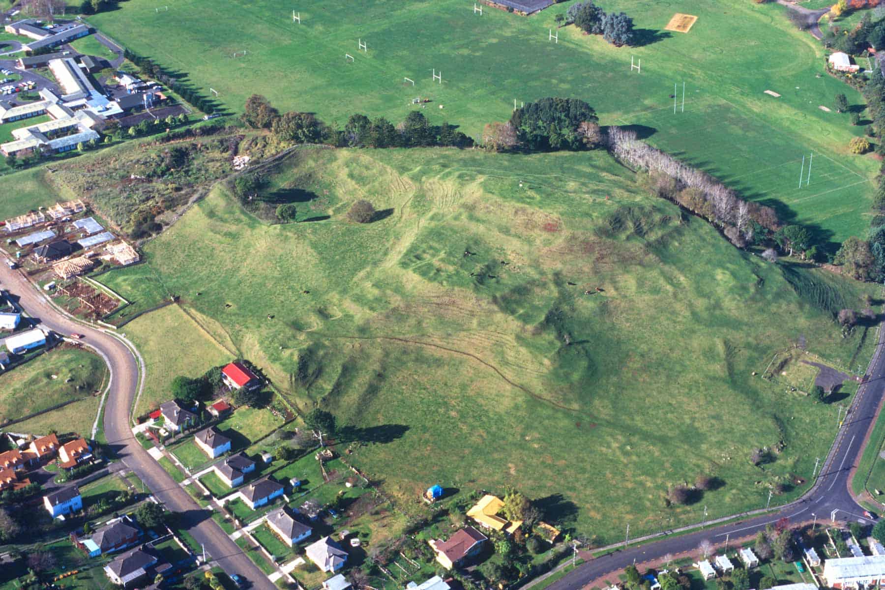 Aerial view of Taurere / Taylors Hill, showing grassy volcanic cones and craters beside sports fields and surrounding homes.