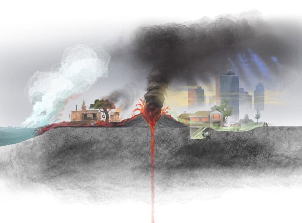 Illustration of a volcanic eruption beneath an Auckland neighbourhood, showing rising magma, lava flows, ash clouds and steam at the coast.
