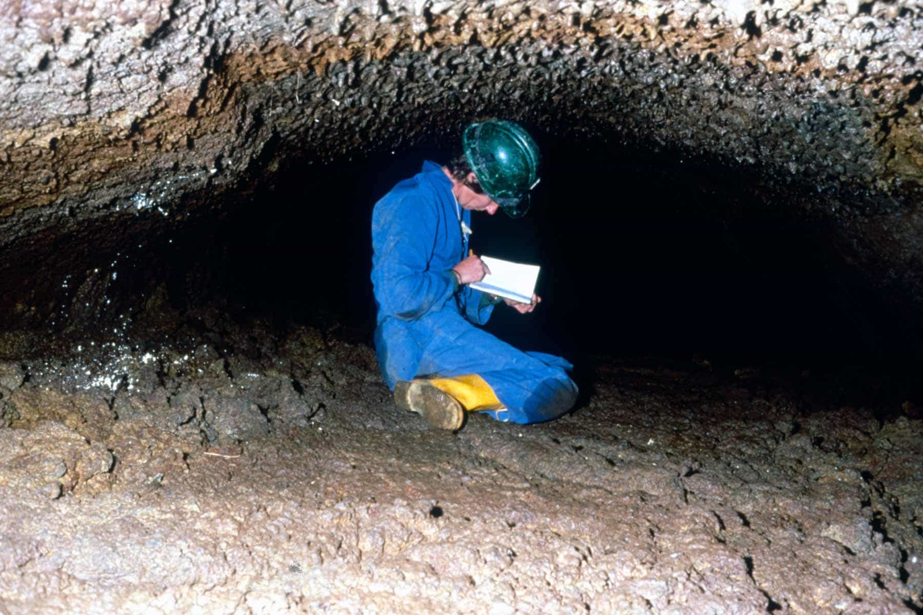 A person wearing a helmet and blue overalls takes notes beneath the low rocky ceiling inside Wiri Lava Cave.