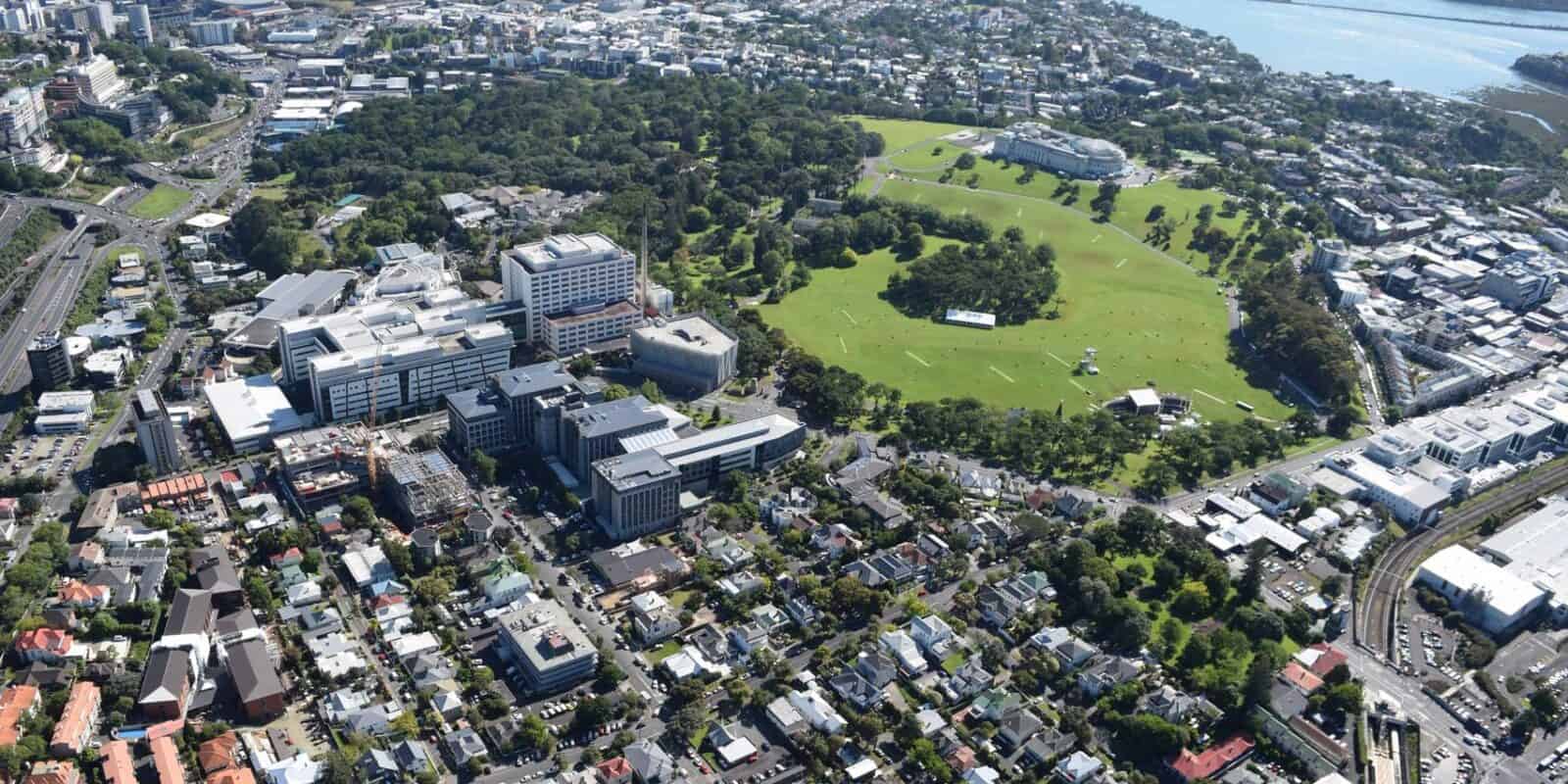 Aerial view of Grafton, with Auckland Hospital and Outhwaite Park