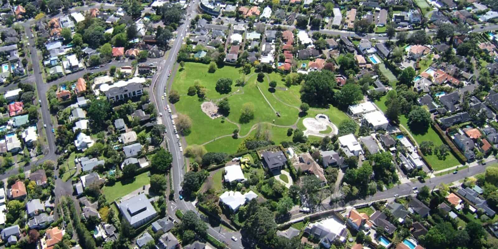 Aerial view of the Little Rangitoto Reserve among houses