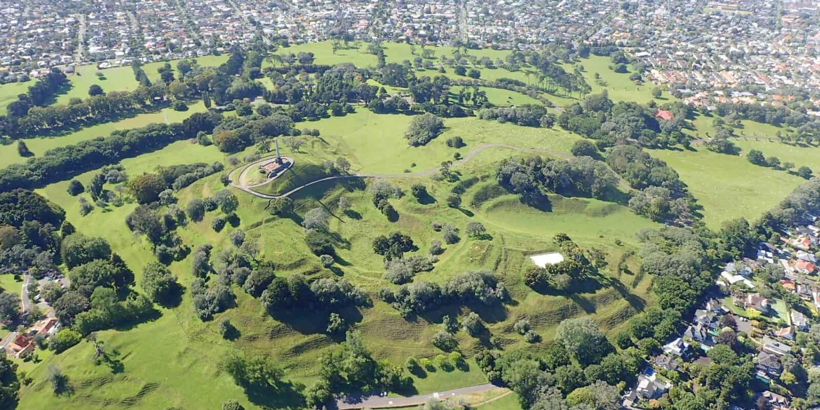 Aerial view of Maungakiekie / One Tree Hill and its parkland