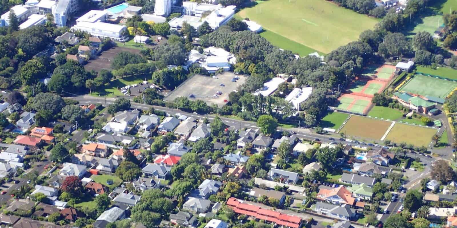Aerial view of the Te Pou Hawaiki site among houses south of Mt Eden