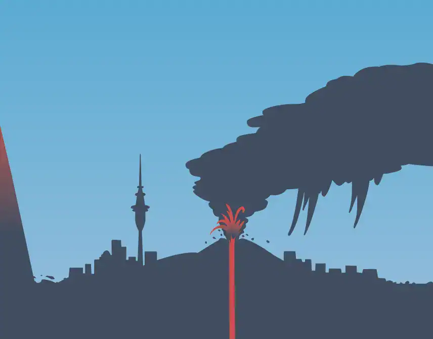 Illustration of a new volcano erupting among the houses of Auckland, lava fountaining from its vent and an ash cloud drifting over the city beside the Sky Tower