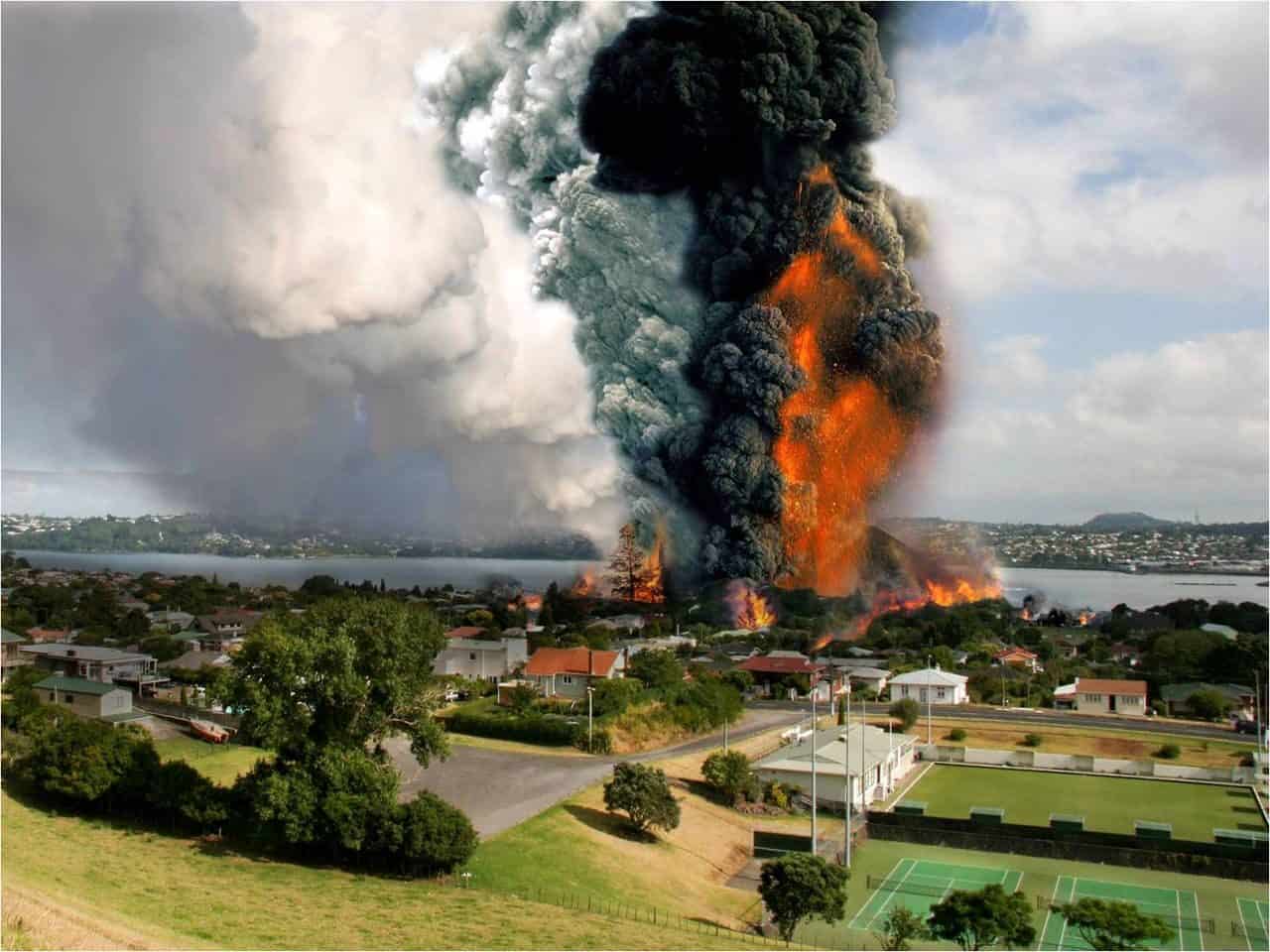 Illustration for Exercise Ruaumoko: an eruption column of black ash and fire rising behind houses and sports fields in an Auckland suburb, with the harbour beyond