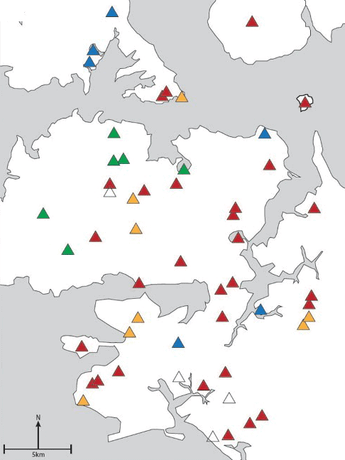 Map of the Auckland Volcanic Field with each volcano marked by a triangle coloured by its age, from under 50,000 to 200,000 years ago, with undated vents in white