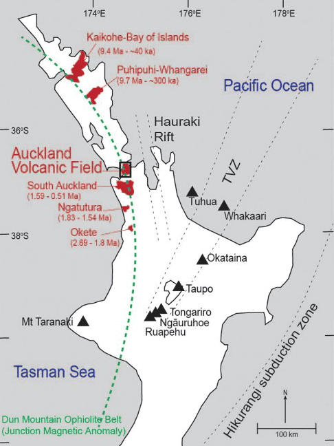 Map of the northern North Island showing the intraplate volcanic fields and their ages: Kaikohe-Bay of Islands, Puhipuhi-Whangarei, the Auckland Volcanic Field, South Auckland, Ngatutura and Okete