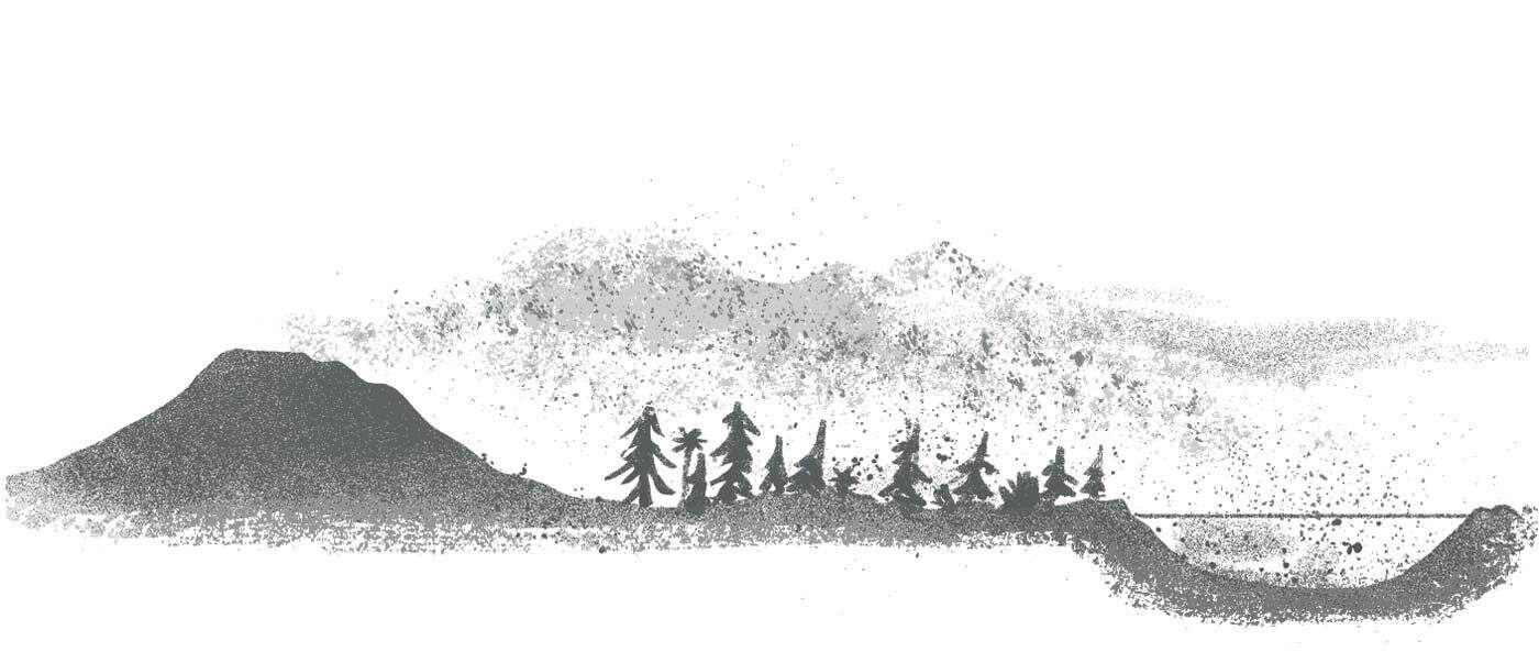 Illustration of the same landscape under a thin haze of pale ash from a distant eruption