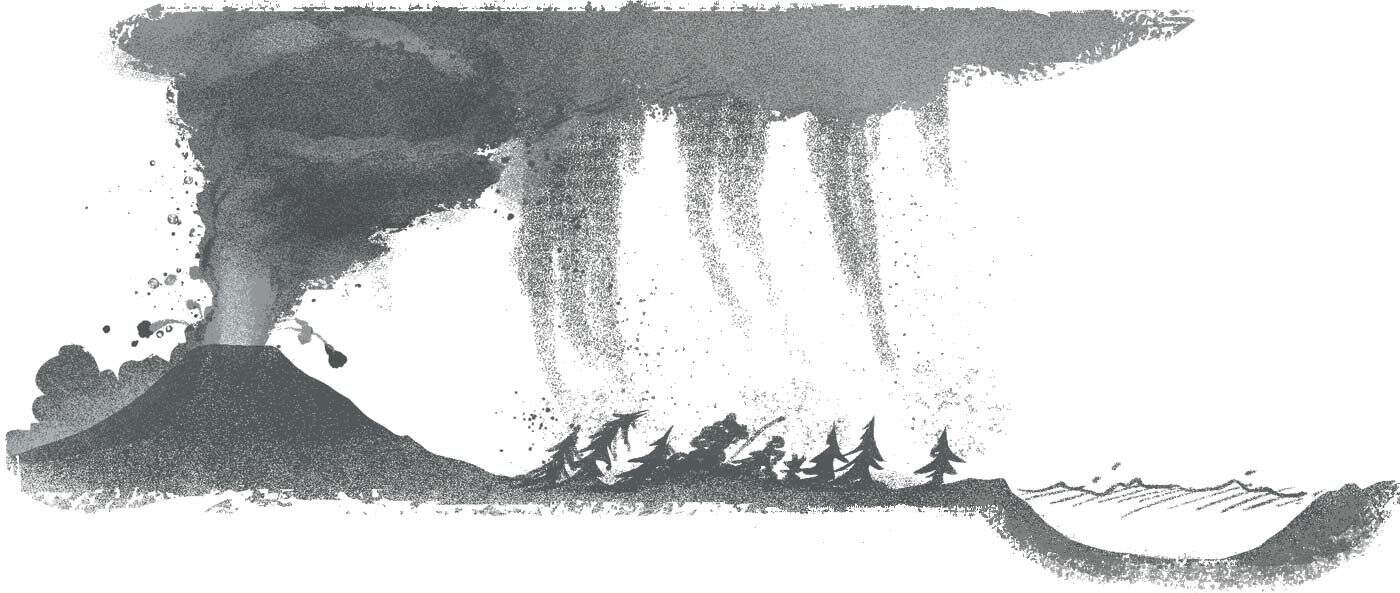 Illustration of a nearby volcano erupting, its dark ash cloud dropping a thick layer of ash over the forest and the crater beside it