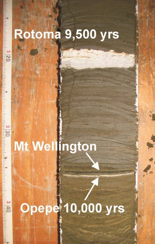 Lake sediment core beside a measuring tape, labelled with the pale Rotoma ash 9,500 years old near the top, and lower down a thin dark Mt Wellington ash layer just above the pale Opepe ash 10,000 years old