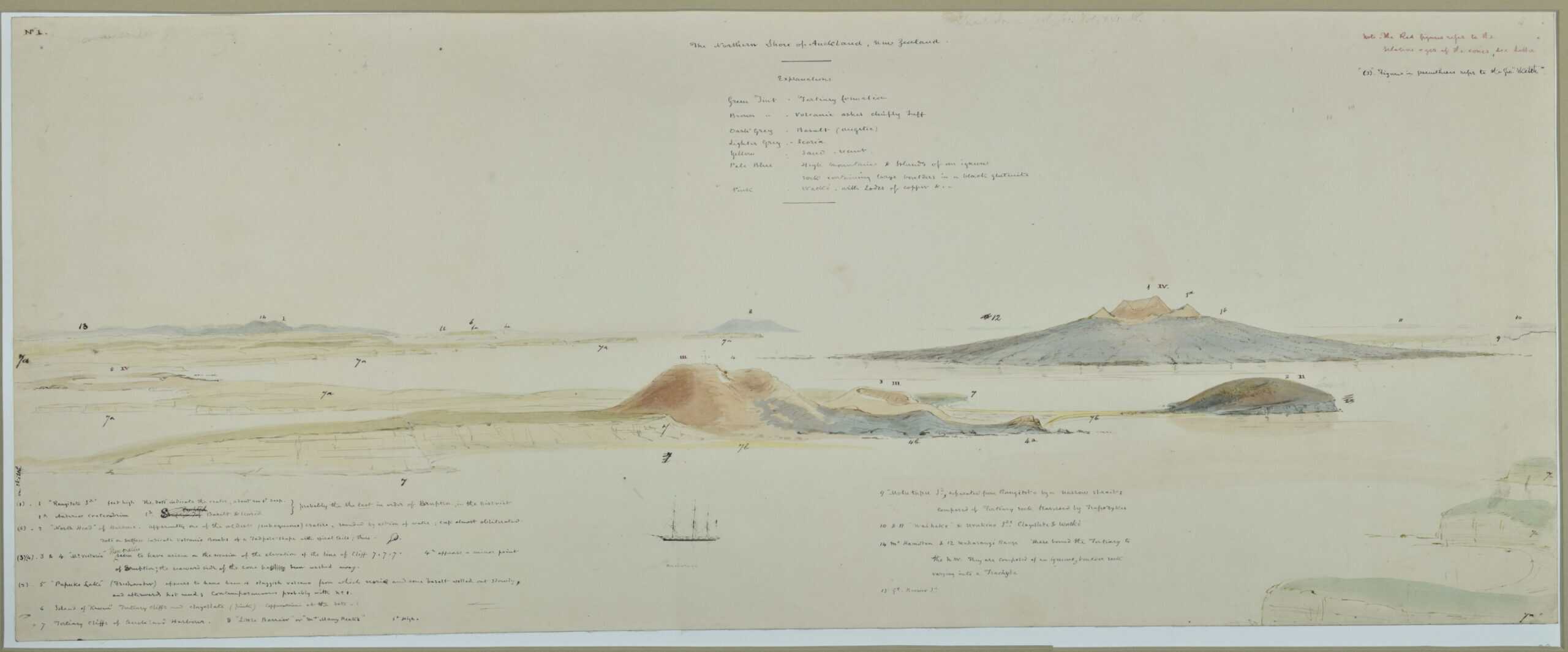 Charles Heaphy’s pale watercolour panorama of the North Shore volcanoes seen from the harbour, with his handwritten notes along the top