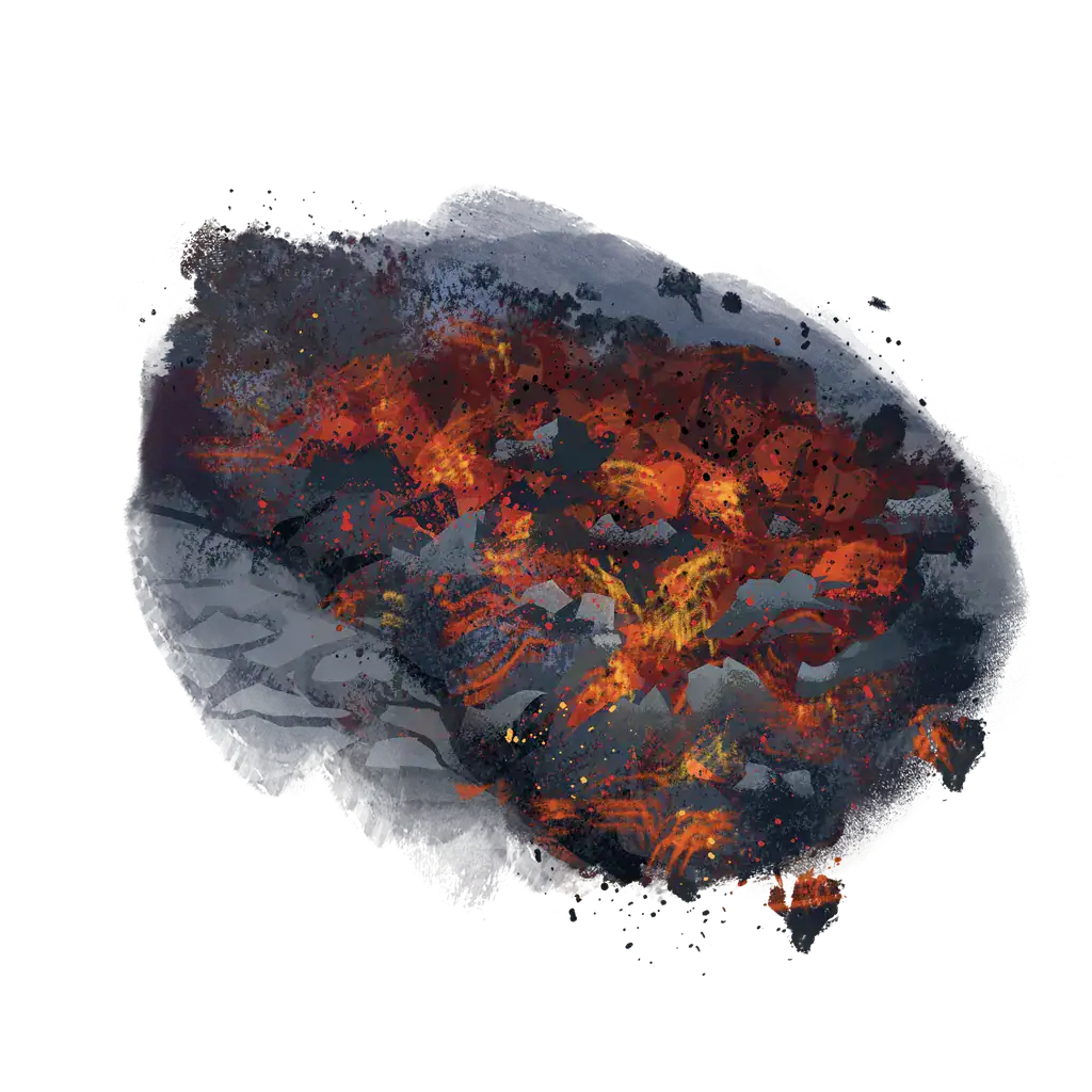 Painting of rough a’ā lava: jagged glowing chunks of rock tumbling over each other