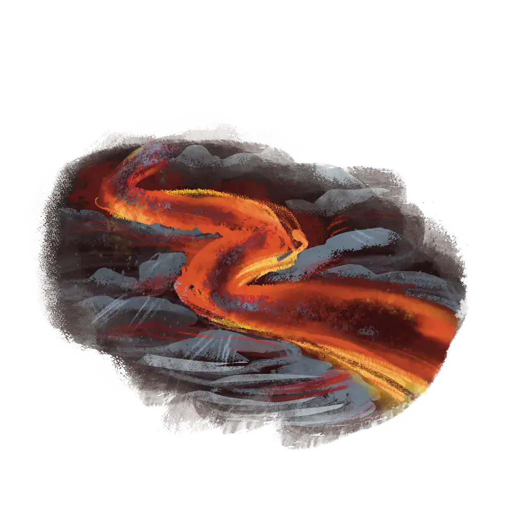 Painting of smooth pāhoehoe lava: a glowing ribbon of molten rock winding between grey boulders
