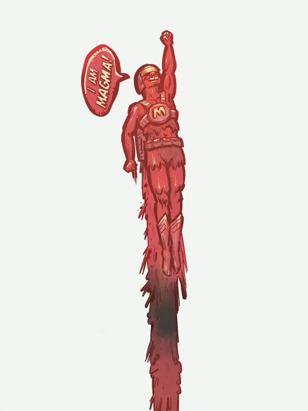 Cartoon of a magma character in a superhero pose rising through the crust, saying I'm magma!