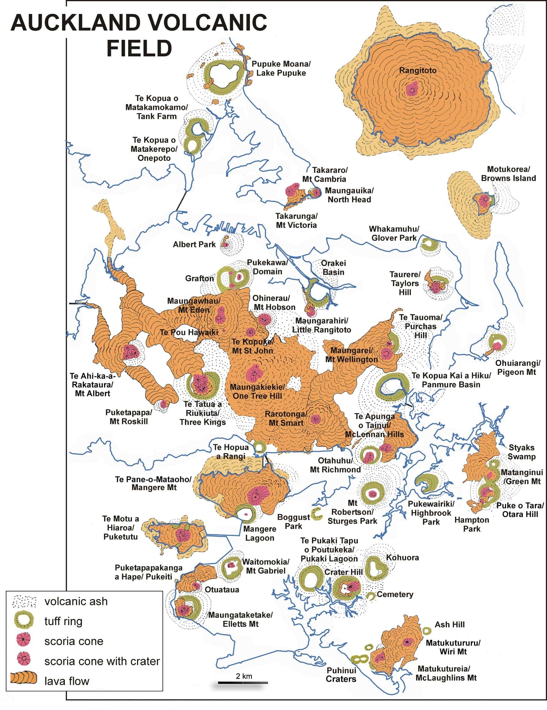 Illustrated map of the Auckland Volcanic Field showing its volcanoes, lava flows and the 12 numbered regions listed beside it.