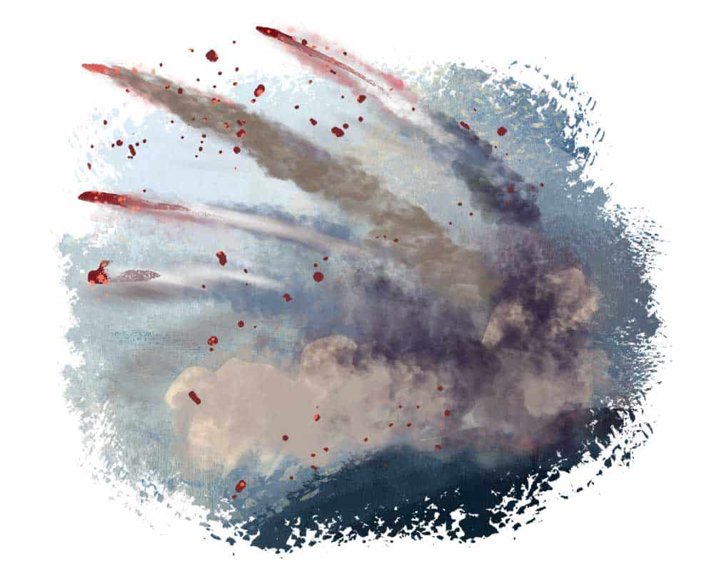 Illustration of volcanic rocks thrown through the air during an explosive eruption.