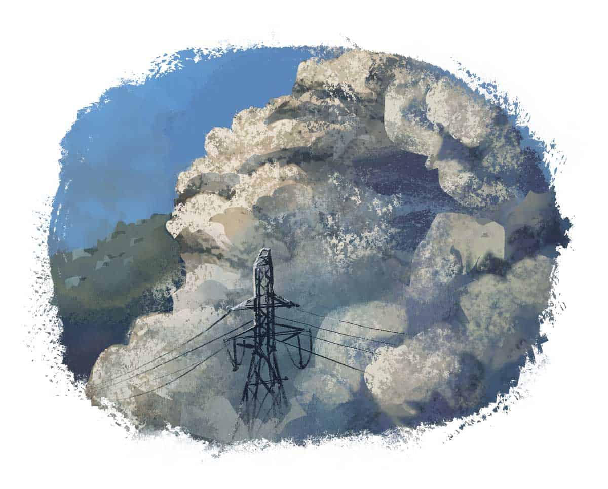 Illustration of a pyroclastic cloud spreading past electricity pylons.