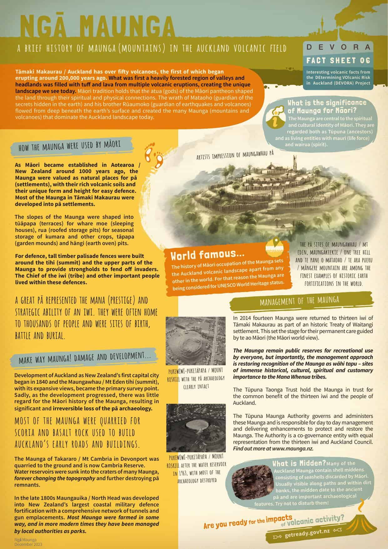 Cover of the DEVORA fact sheet Ngā Maunga
